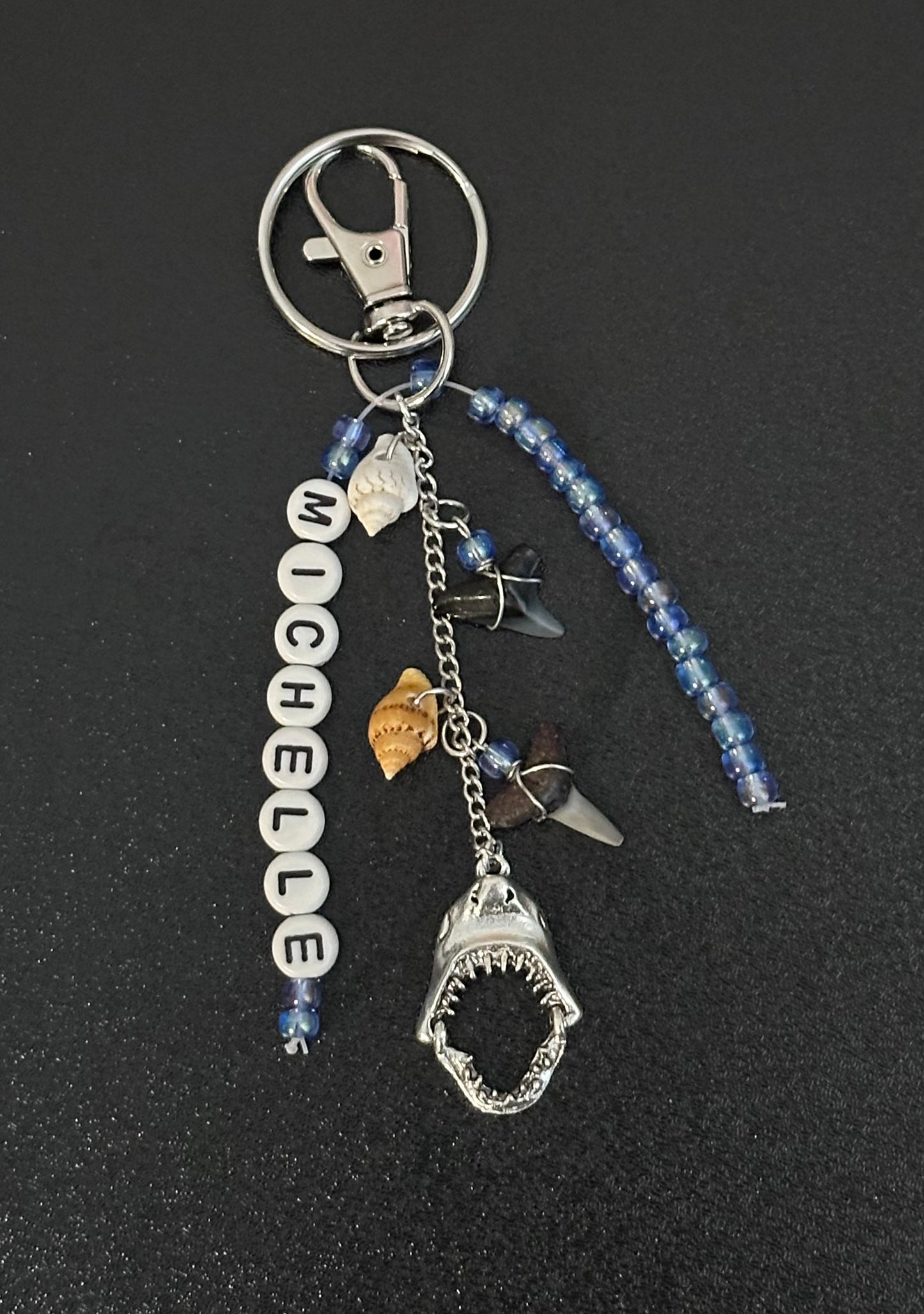 Shark Tooth & Shell Keychain with Moveable Shark Jaw Charm - Beads and Personalization Optional