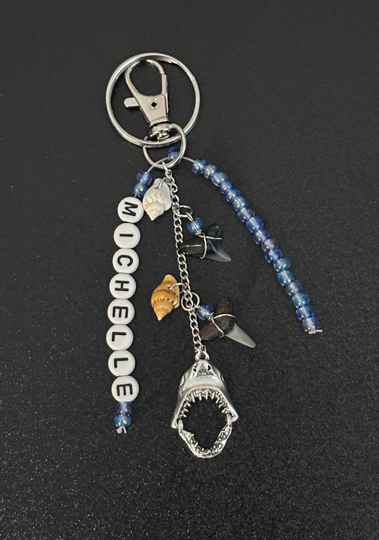 Shark Tooth & Shell Keychain with Moveable Shark Jaw Charm - Beads and Personalization Optional