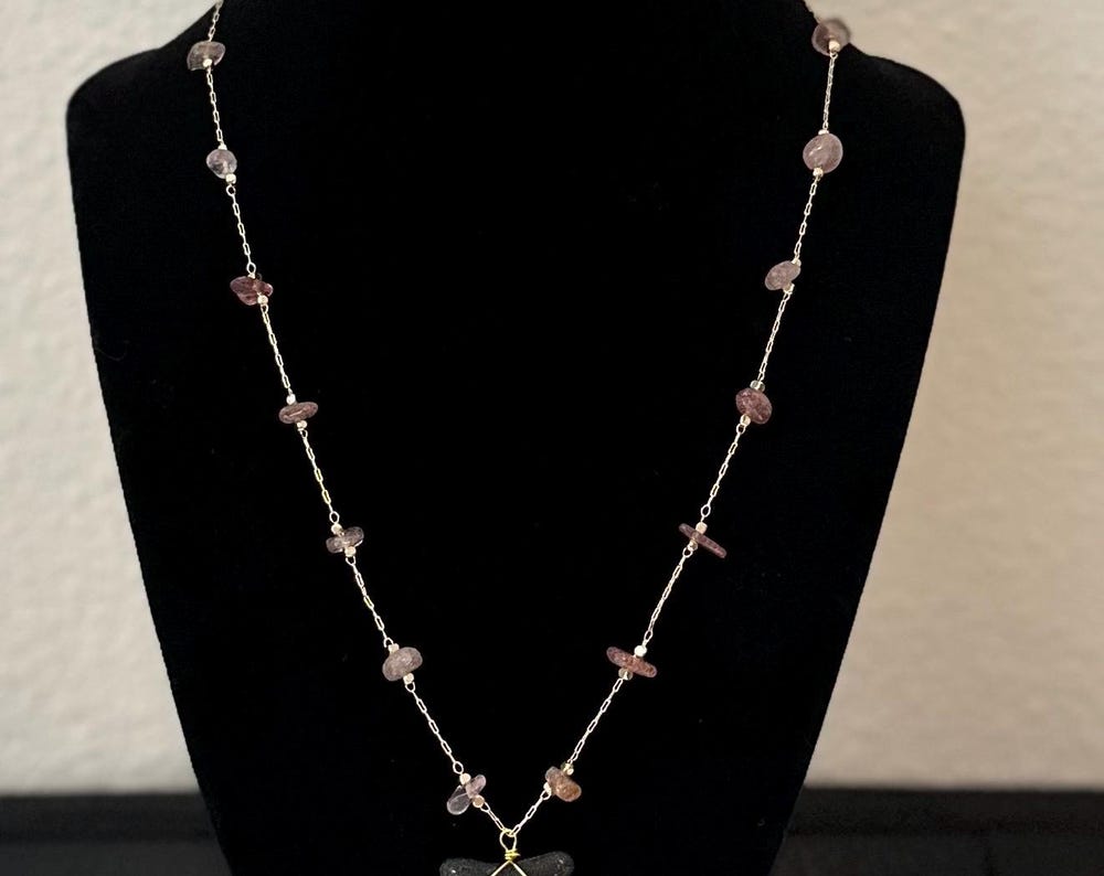 Fossil Shark Tooth Necklace with Strawberry or Turquoise Natural Stone Accents