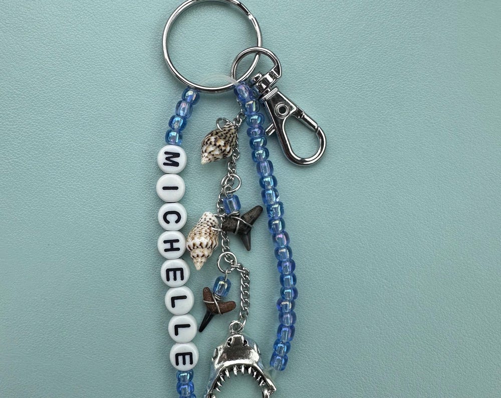 Shark Tooth & Shell Keychain with Moveable Shark Jaw Charm - Beads and Personalization Optional