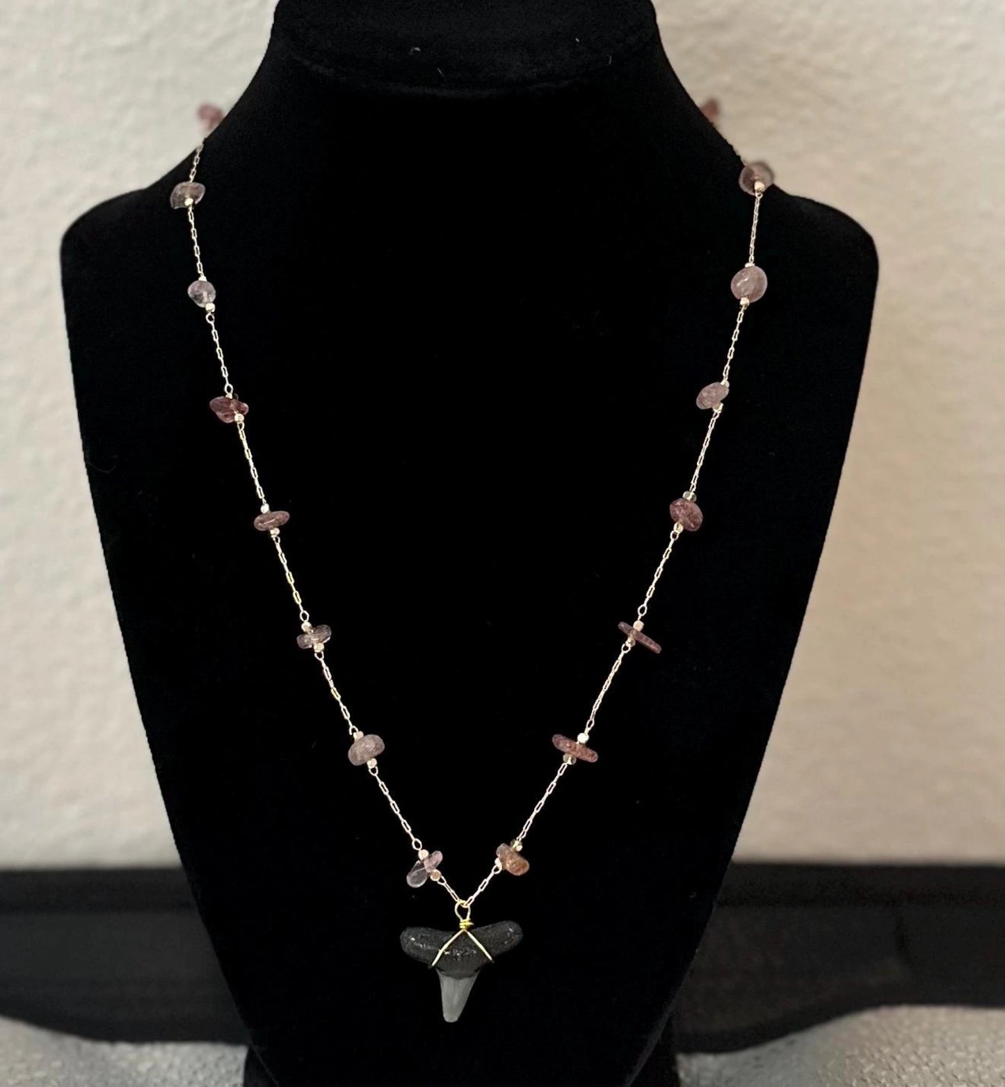 Fossil Shark Tooth Necklace with Strawberry or Turquoise Natural Stone Accents