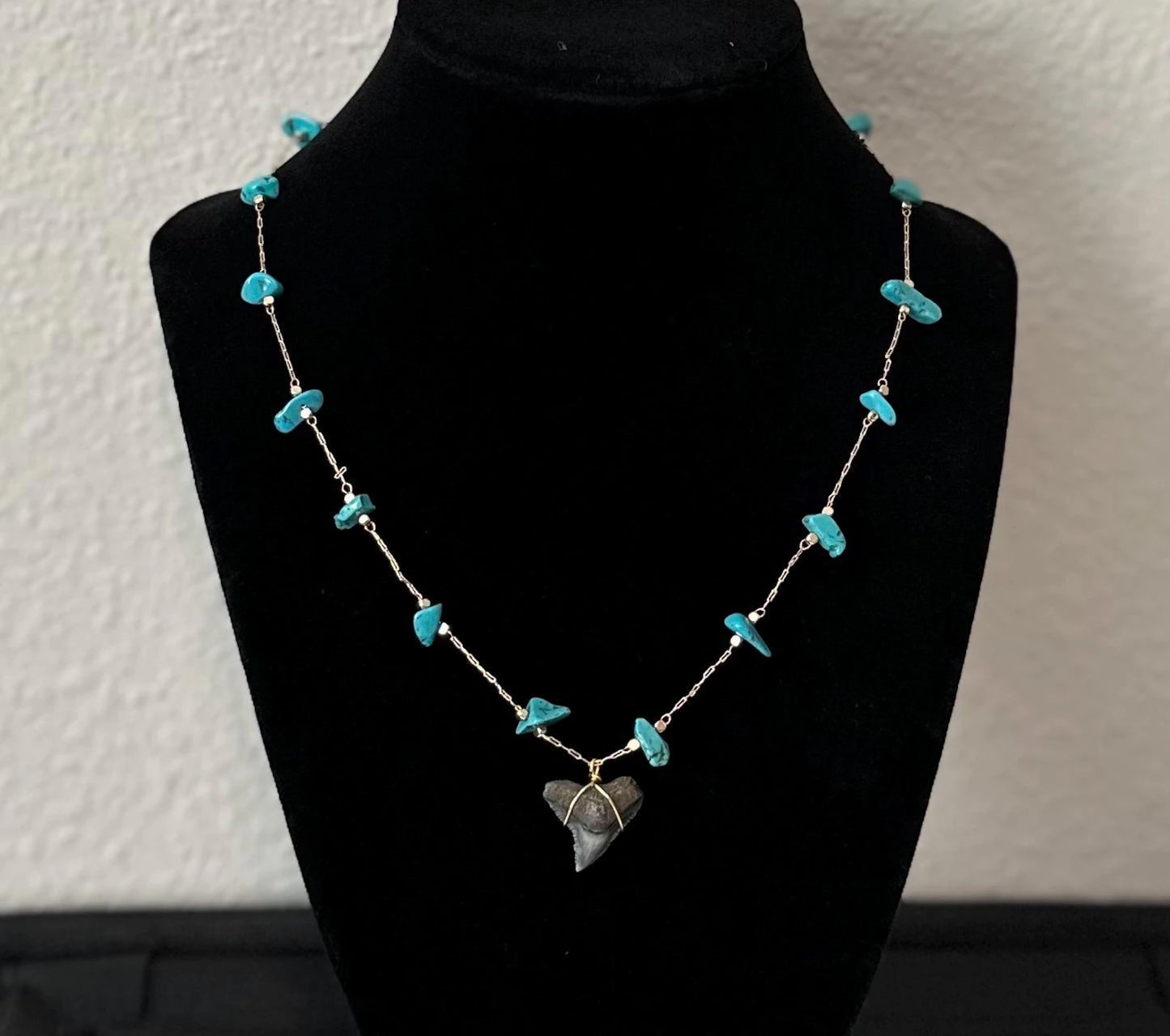 Fossil Shark Tooth Necklace with Strawberry or Turquoise Natural Stone Accents