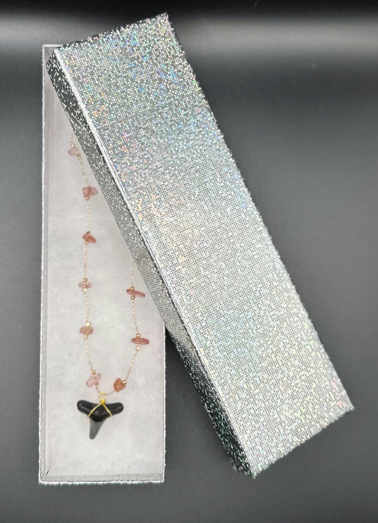 Fossil Shark Tooth Necklace with Strawberry or Turquoise Natural Stone Accents